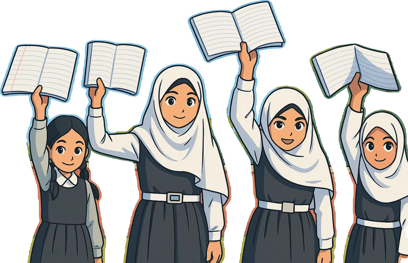 Illustration of four schoolgirls in uniform holding up their books